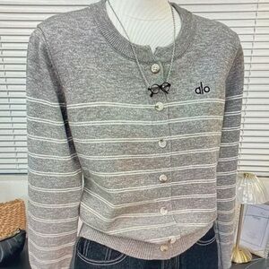 ALO Yoga Women's Striped Gray and White Cardigan